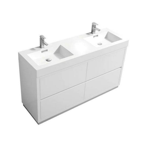 Kubebath Bliss 60" Double Sink High Gloss White Free Standing Modern Bathroom Vanity