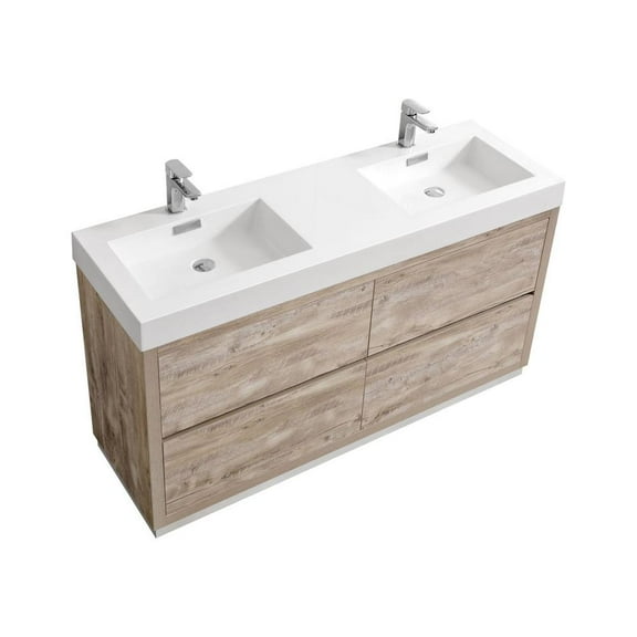 Kubebath Bliss 60" Double Sink Nature Wood Free Standing Modern Bathroom Vanity