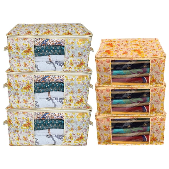 Kuber Industries Flower Printed Non Woven 3 Pieces Saree Cover and 3 Pieces Underbed Storage Bag