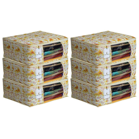 Kuber Industries Metalic Flower 6 Piece Non Woven Saree Cover Set, 7 inch, Ivory