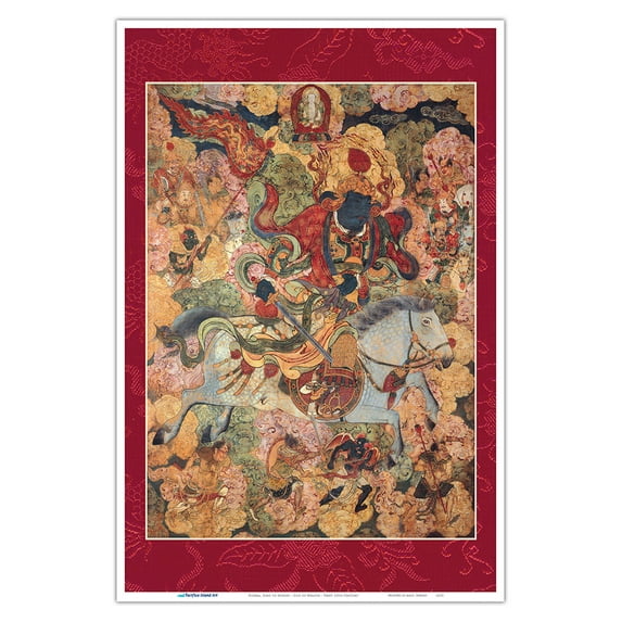 Kubera King of Horses - God of Wealth - Tantric Buddhist Deity - Vintage Tibetan Thangka Buddhist Painting - Tibet, 13th Century - Master Art Print (Unframed) 12in x 18in