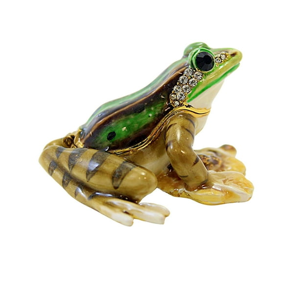 Kubla Craft Frog On Cat Tail Box - One Hinged Box 2.5 Inch, Metal - Pond Enameled Crystals 3477