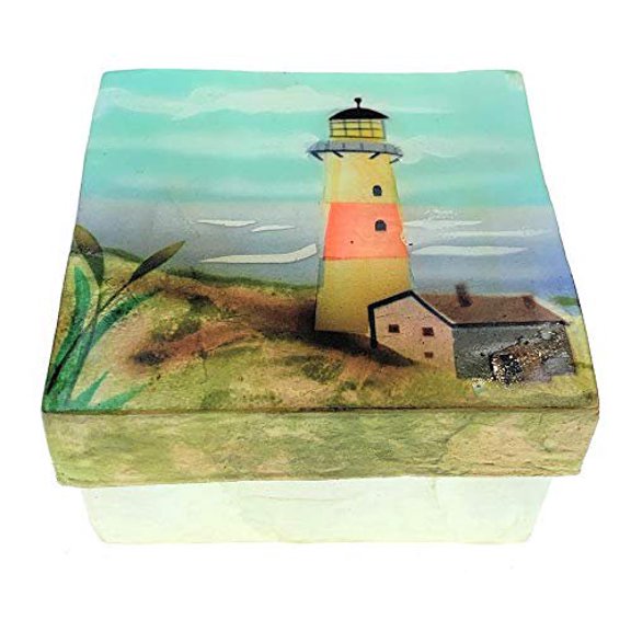 Kubla Craft Red and White Lighthouse Capiz Shell Keepsake Box, 3 Inches Square