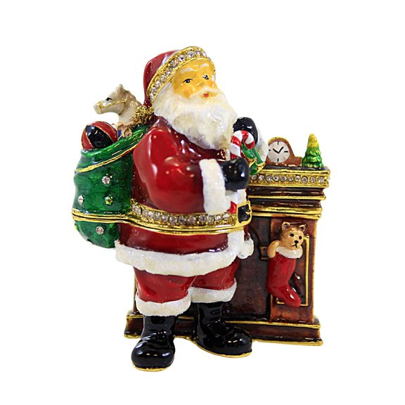 Kubla Craft Santa Fireplace Box - One Hinged Box 3.25 Inch, Metal - Candy Cane Stocking 3469