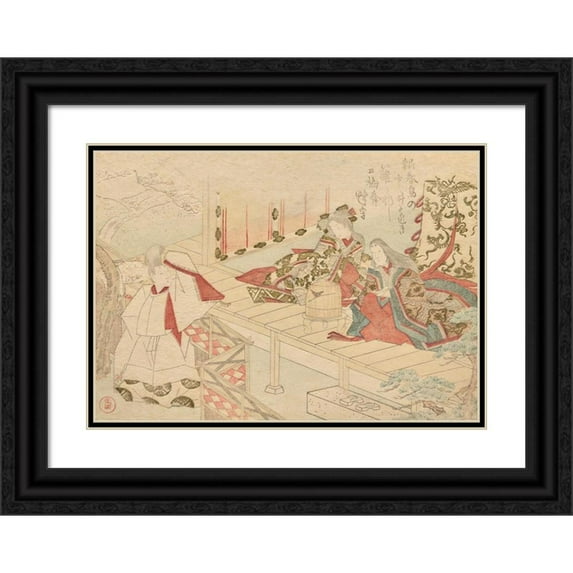 Kubo Shunman 24x18 Black Ornate Framed Double Matted Museum Art Print Titled: A Strolling Courtier Waves to a Lady-In-Waiting Sitting on a Veranda with Her Young Attendant (1813)