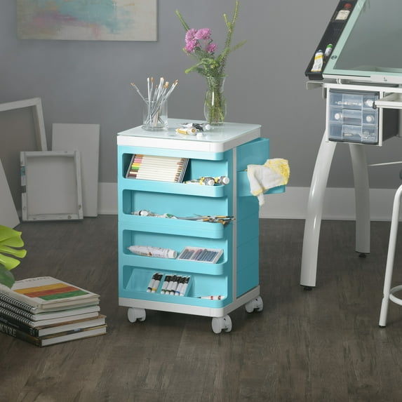 Kubx 53102 Rotating 4-Sided Mobile Storage Organizer with Glass Top Multiple Compartments in Turquoise
