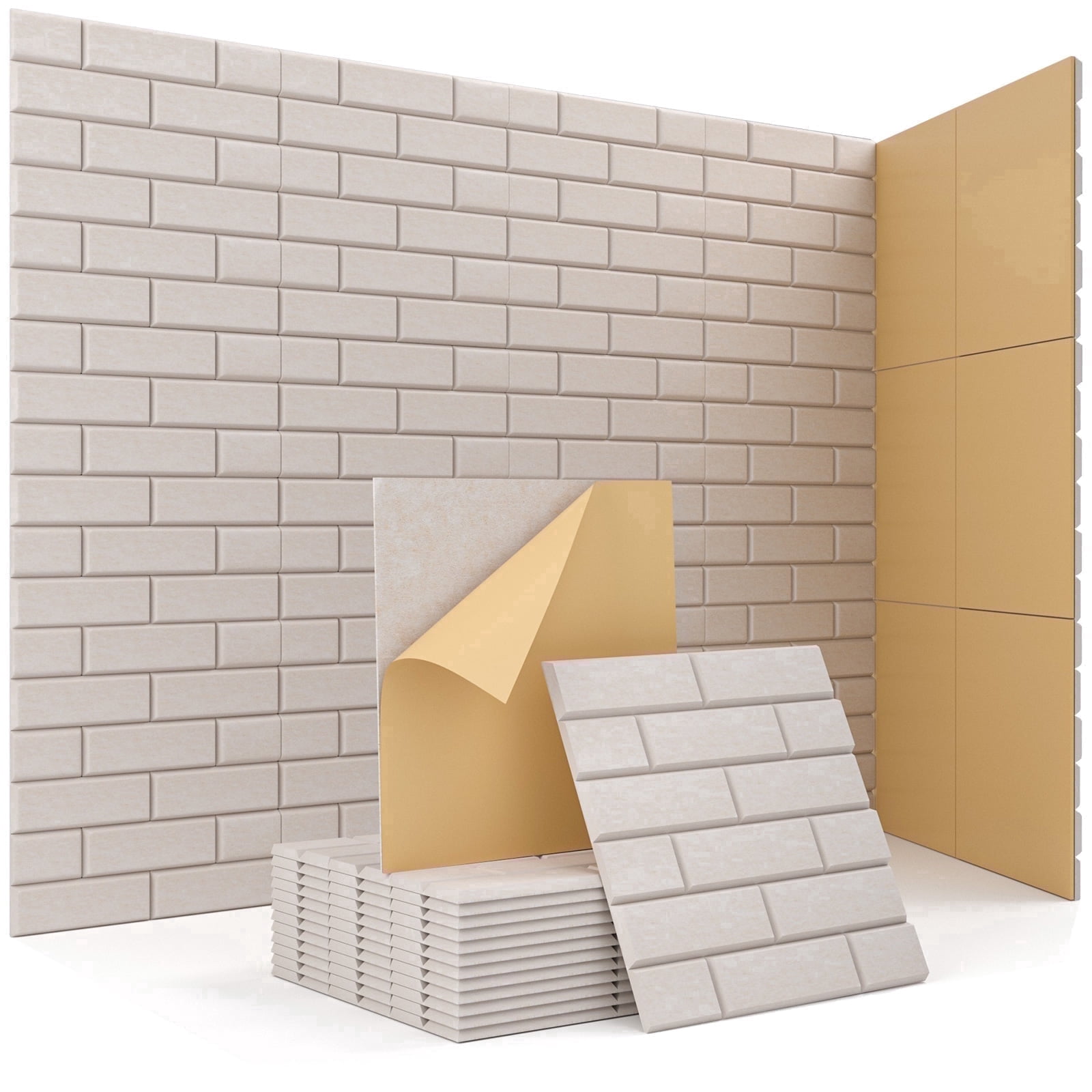 Kuchoow Sound Absorbing Panels 12 Pack Self-Adhesive Acoustic Panels for Studio, Brick Type High Density Sound Panel for Home Room Office Beige 12" x 12" x 0.4"