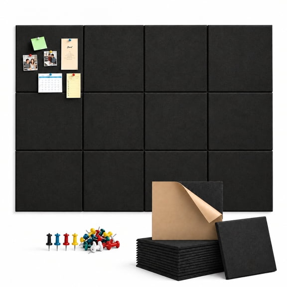 Kuchoow Felt Bulletin Board Kit, Large Cork Board for Walls Tiles, Pinboard Picture Decorations for Office & Classroom, Black, 12 Pack, 48" x 36"