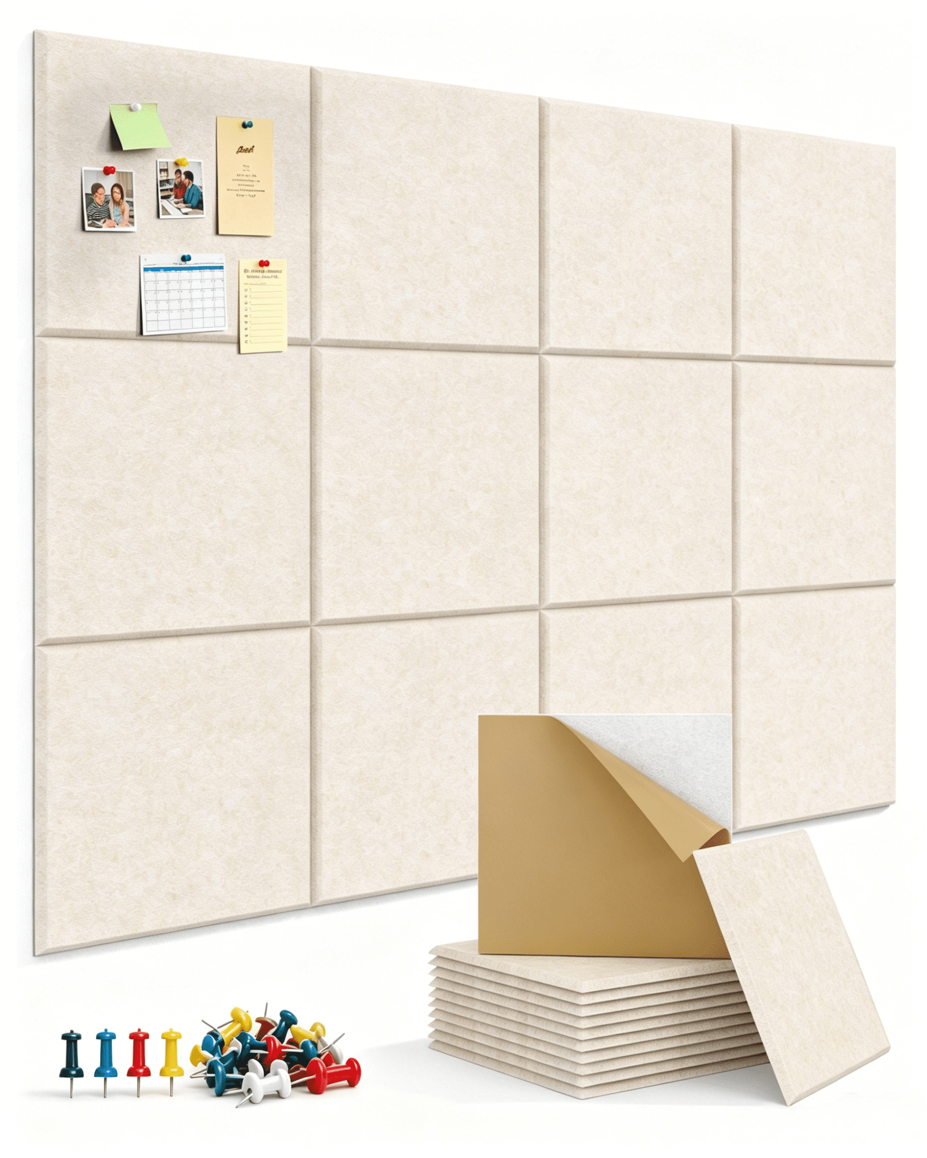 Kuchoow Large Felt Bulletin Board 48" x 36" Cork Board Alternative for Office, 12 Pack Beige Self-Adhesive Felt Wall Tiles with Push Pins for Classroom Room