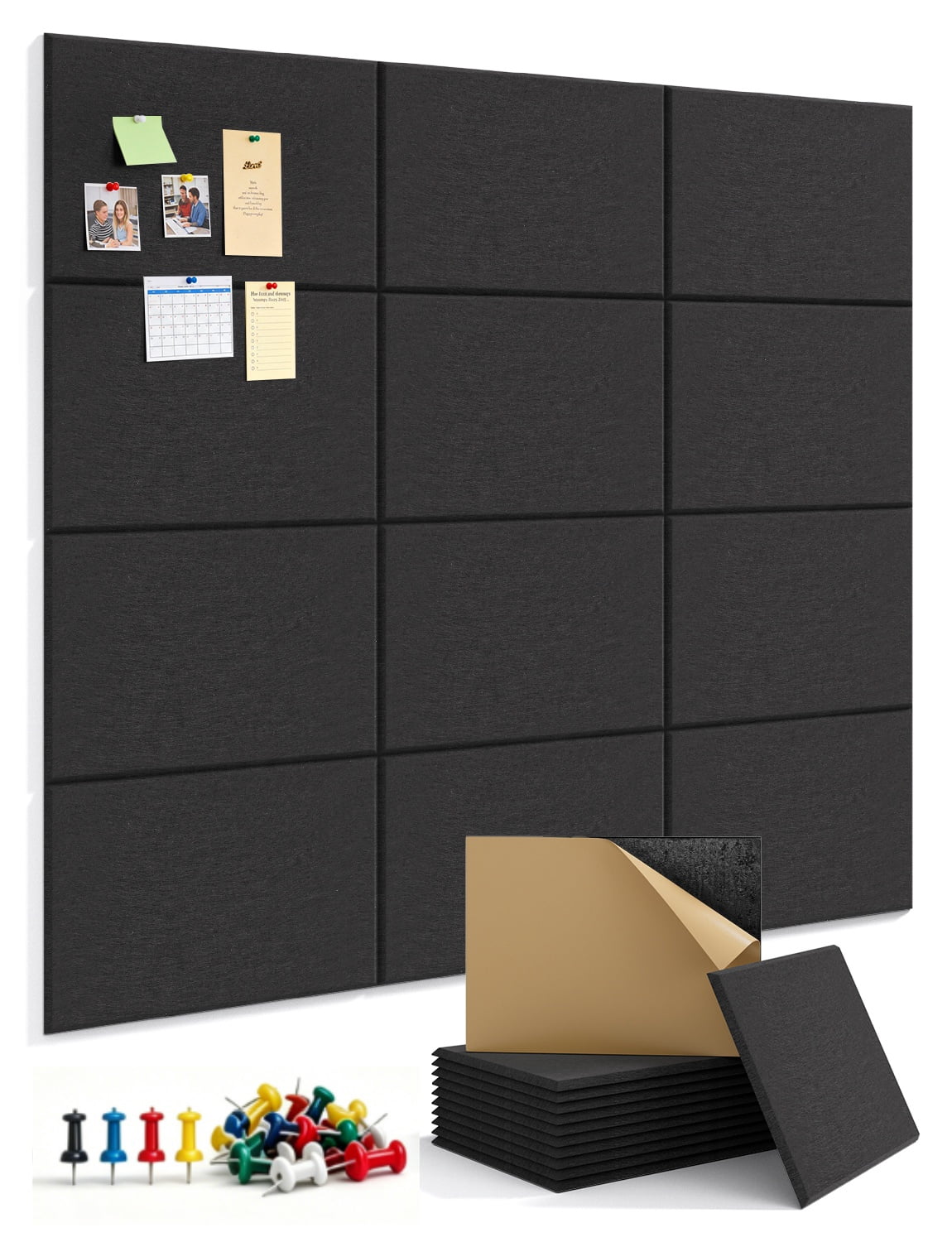 Kuchoow Large Cork Boards for Walls 63" x 36" Bulletin Boards with Pushpins for Office, 12 Pack Self-Adhesive Tack Board Self-Adhesive Black Felt Wall Tiles for Room Classroom
