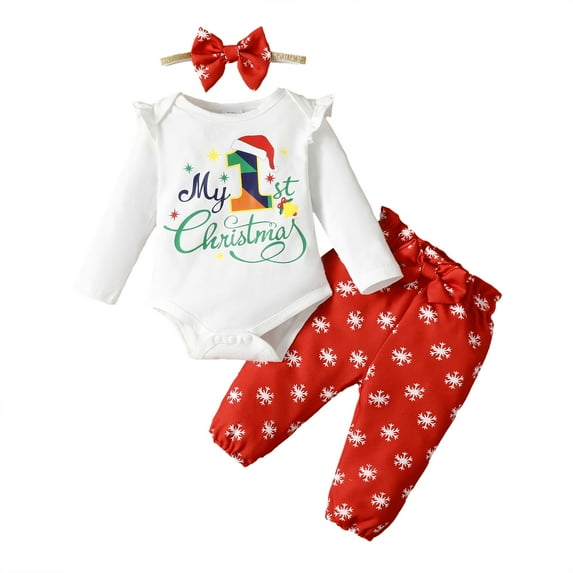 Kucnuzki 0 Months Baby Girl Winter Outfits Pants Sets 3 Months Long Sleeve Cute Christmas Theme Letter Casuak Romper Elastic Dot Prints Pants Headband 3PCS Set White