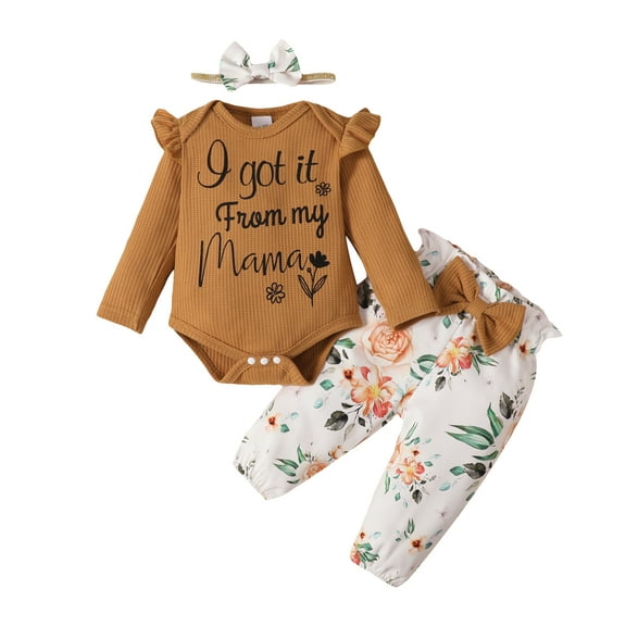 Kucnuzki 0 Months Baby Girl Winter Outfits Pants Sets 3 Months Long Sleeve Cute Letter Casuak Romper Elastic Dot Prints Pants Headband 3PCS Set Brown