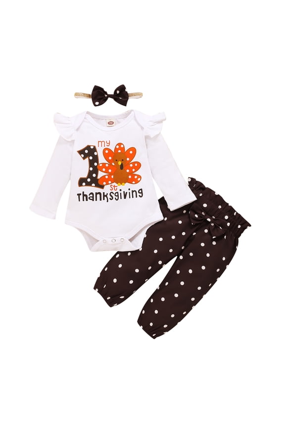 0 Months Baby Girl Winter Outfits Pants Sets 3 Months Long Sleeve Cute Thanksgiving Day Theme Letter Casuak Romper Elastic Dot Prints Pants Headband 3PCS Set White