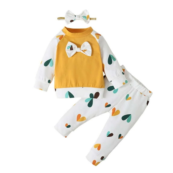 Kucnuzki 0 Months Baby Girl Winter Outfits Pants Sets 3 Months Long Sleeve Heart Prints Color-Blocked Hoodie Elastic Pants 2PCS Set Yellow