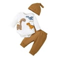 thumbnail image 1 of Kucnuzki 0 Months Newborn Baby Boy Winter Outfits Pants Sets 1 Months Long Sleeve Carton Dino Prints Rompers Elastic Pants Hat 3PCS Set Brown, 1 of 9