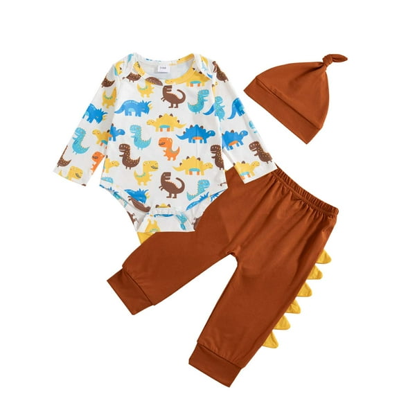 Kucnuzki 0 Months Newborn Baby Boys Outfit Set 3 Months Winter Clothes Long Sleeves Dinosaur Print Romper Top Color Block Pants Sets with Hat 3pcs Soft Clothing Brown