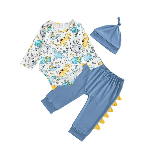Kucnuzki 0 Months Newborn Baby Boys Outfit Set 3 Months Winter Clothes Long Sleeves Dinosaur Print Romper Top Color Block Pants Sets with Hat 3pcs Soft Clothing Blue