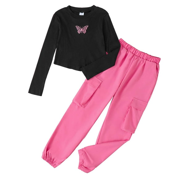 Kucnuzki 11 Years Big Girls Outfit Sets 12 Years Girl Winter Clothes Long Sleeves Knitted Top Butterfly Crop Tops Solid Color Cargo Pants Set 2pcs Youth Tween Clothing Pink