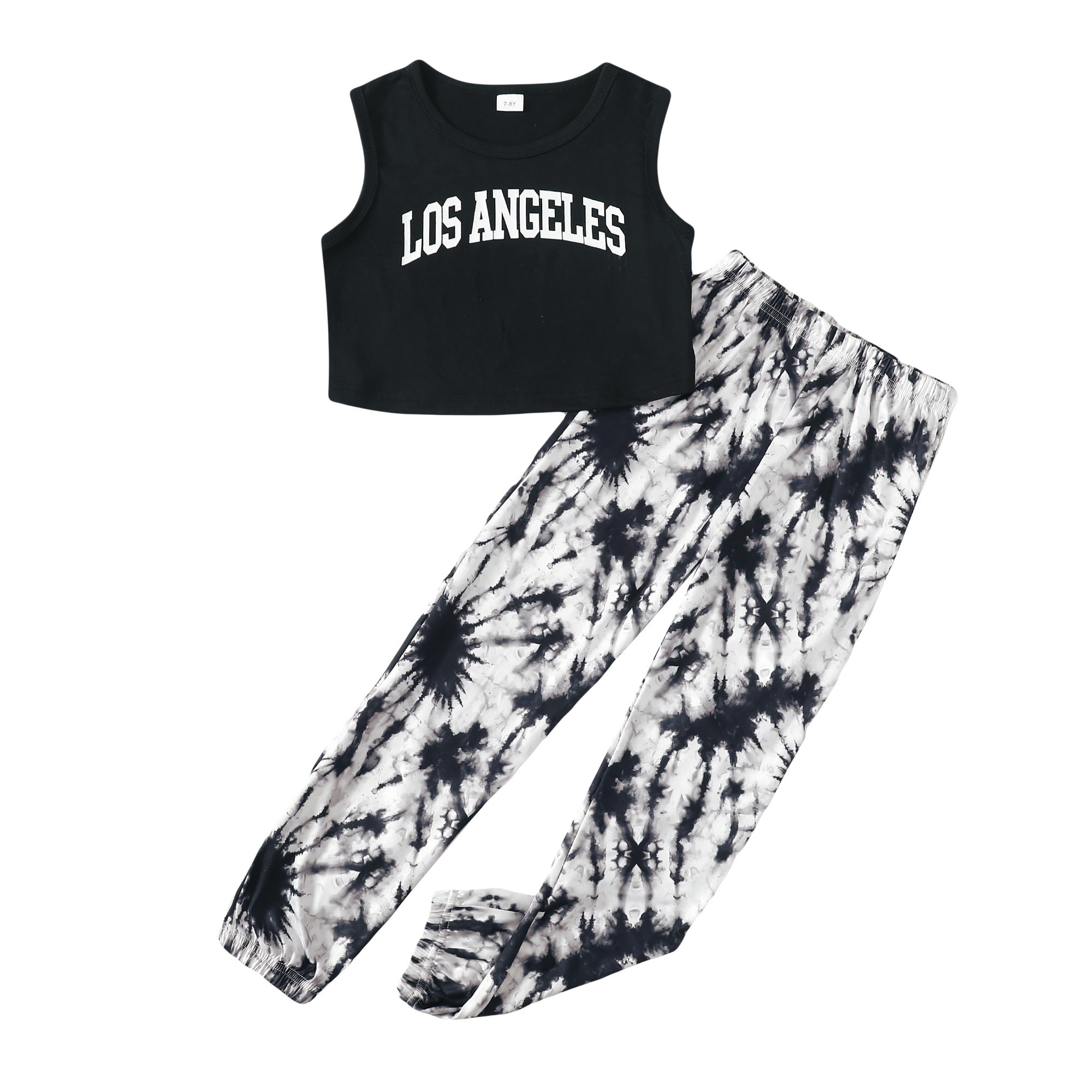 11 Years Big Girls Summer Outfits 12 Years Big Girls Clothing Sets Sleeveless Tank Top Letter Print Top Ink Print Pants Sets 2pcs Black