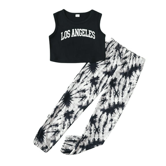 Kucnuzki 11 Years Big Girls Summer Outfits 12 Years Big Girls Clothing Sets Sleeveless Tank Top Letter Print Top Ink Print Pants Sets 2pcs Black