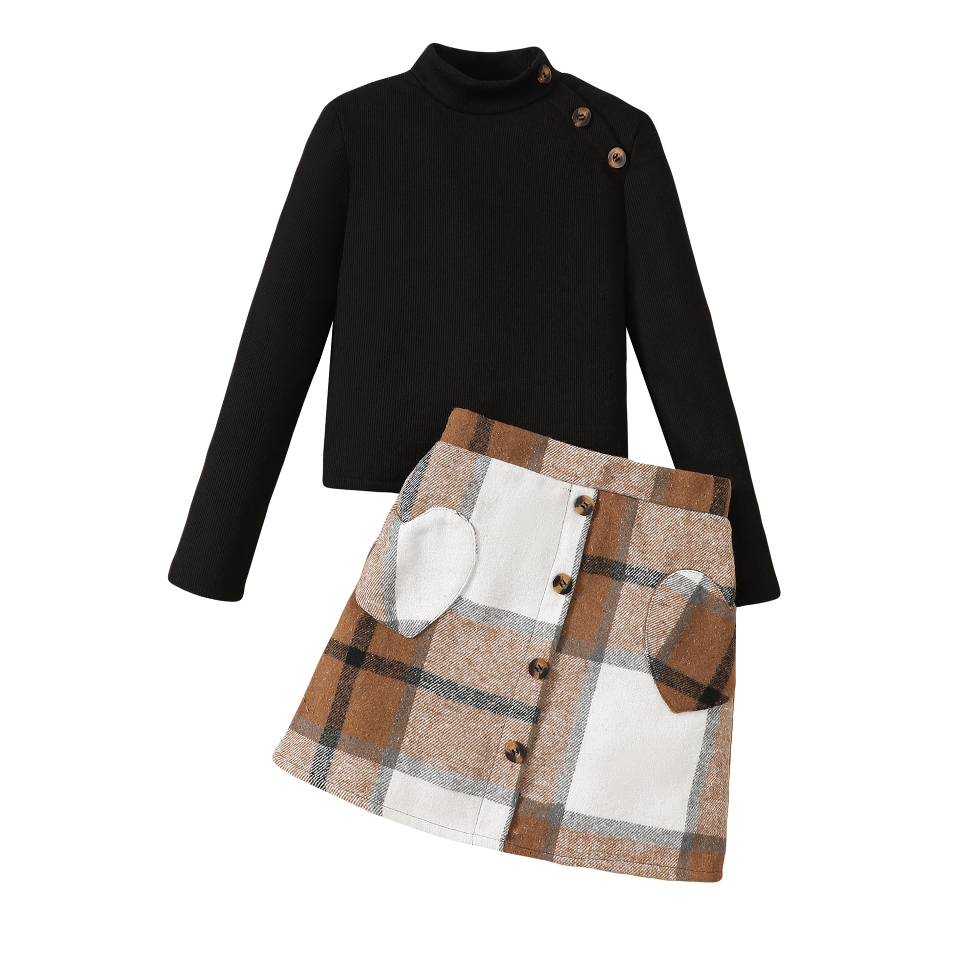 11 Years Big Girls Winter Outfits 12 Years Warm Clothing Sets High Neck Long Sleeves Knit Pullover Top Solid Color Top Button Plaid Skirt with Pockets 2pcs Skirt Sets Black