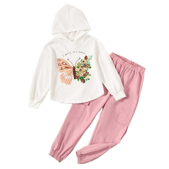 Kucnuzki 11T Big Girl Fall Winter Outfits Pants Sets 12T Long Sleeve Cute Big Butterfly Prints Hoodie Sweatshirt Elasict Pants 2PCS Set Pink