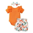 thumbnail image 1 of Kucnuzki 12 Months Baby Girl Spring Outfits Shorts Sets 18 Months Short Sleeve Rib-Knitted Casuak Rompers Top Elastic Floral Shorts Headband 3PCS Set Brown, 1 of 1