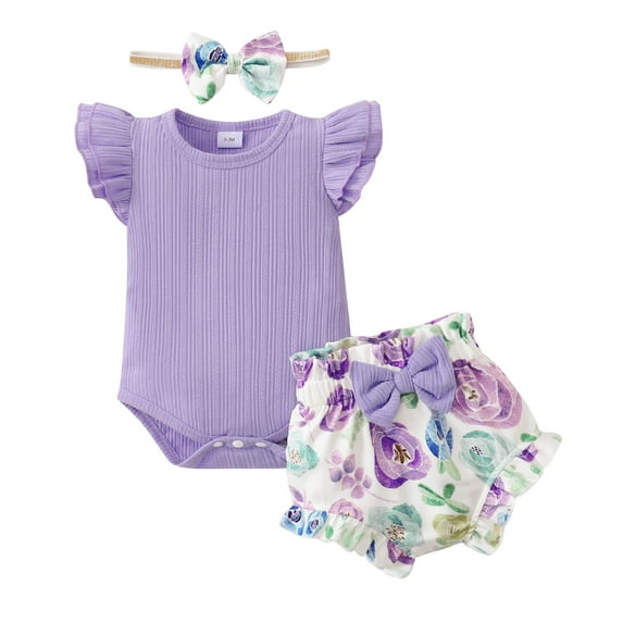 Kucnuzki 12 Months Baby Girl Summer Outfits Shorts Sets 18 Months Fly Sleeve Pure Color Casuak Rompers Top Elastic Floral Shorts Headband 3PCS Set Purple