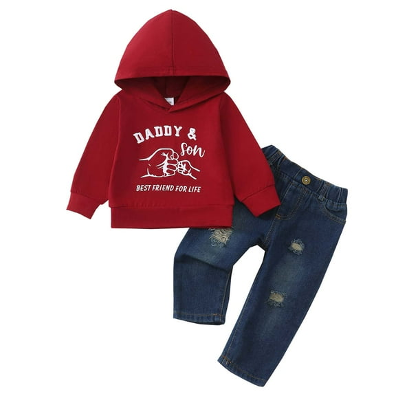 Kucnuzki 12 Months Infant Baby Boy Outfit 18 Months Boys Winter Clothes Long Sleeves Hoodie Letter Print Pulover Sweatshirt Ripped Denim Pants Sets 2pcs Warm Clothing Red