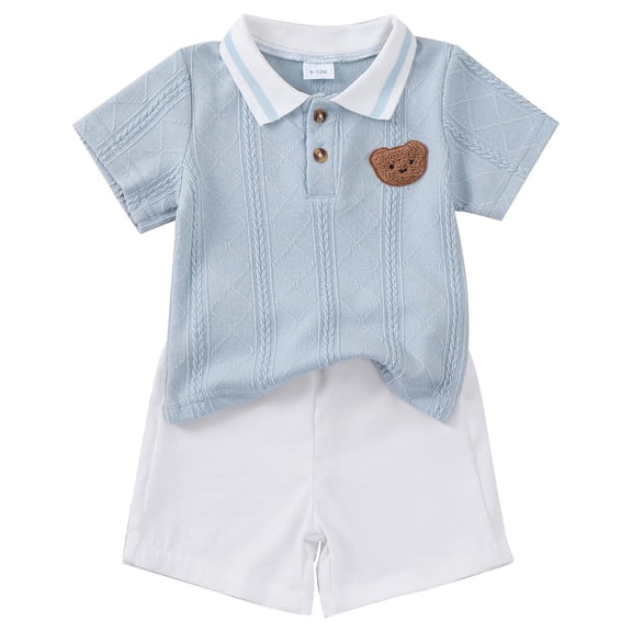 Kucnuzki 12 Months Infant Baby Boys Summer Clothes 18 Months Outfit Set Short Sleeves Bear Pullover Top Solid Color Shorts 2pcs Clothing Sets Blue