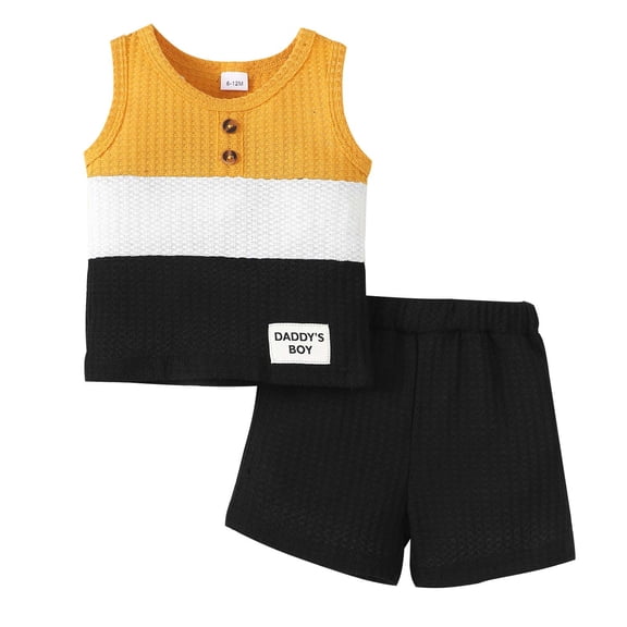 Kucnuzki 12 Months Infant Baby Boys Summer Outfit Set 18 Months Clothes Sleeveless Color Block Tank Top Solid Color Shorts 2pcs Short Sets Clothing Yellow