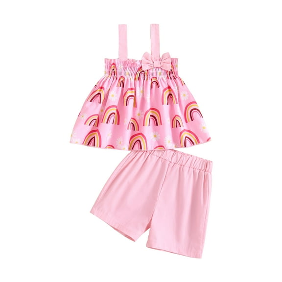 Kucnuzki 12 Months Infant Baby Girls Outfits 18 Months Baby Girls Summer Clothes Sets Sleeveless Rainbow Print Halter Top Solid Color Shorts Sets 2pcs Casual Wear Pink 12-18 Months