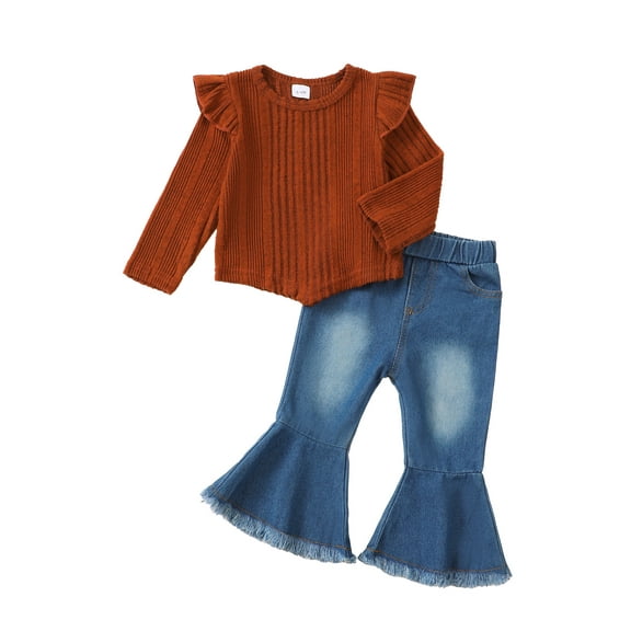 Kucnuzki 12 Months Infant Baby Girls Outfits 18 Months Warm Clothing Sets Ruffle Long Sleeves Knit Top Solid Color Pullover Top Bowknots Flared Denim Pants Jeans 2pcs Pant Sets Brown