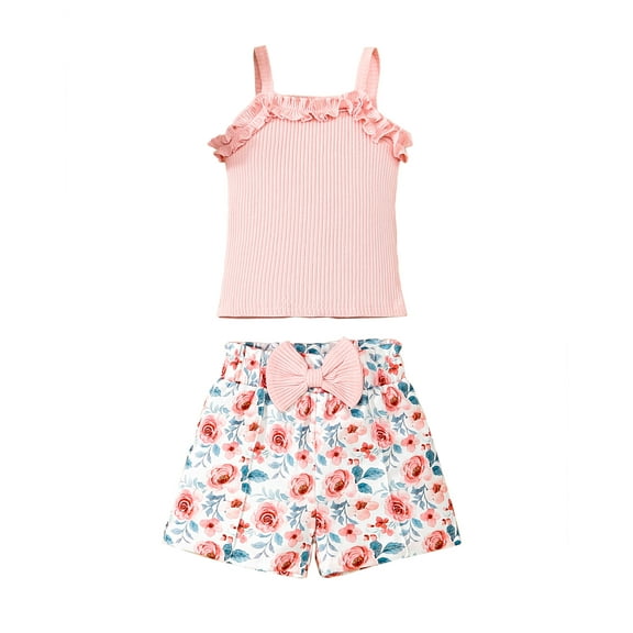 Kucnuzki 12 Months Infant Baby Girls Summer Outfits 18 Months Summer Clothes Sets Sleeveless Halter Top Solid Color Top Bowknot Floral Shorts Sets 2pcs Clothing Pink 12-18 Months