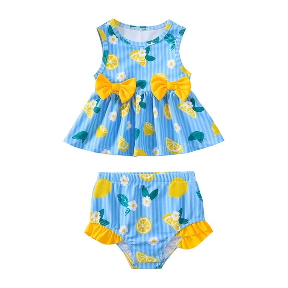 Kucnuzki 12 Months Infant Baby Girls Swimsuit Set 18 Months Girl Bathing Suit Ruffle Sleeveless Lemon Bowknot Beach Bikini Tankini Swimwear 2pcs Pink