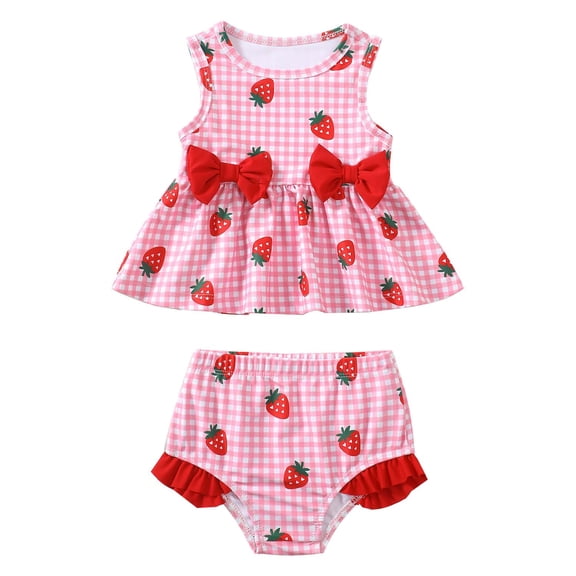 Kucnuzki 12 Months Infant Baby Girls Swimsuit Set 18 Months Girl Stripped Bathing Suit Ruffle Sleeveless Strawberry Bowknot Beach Bikini Tankini Swimwear 2pcs Pink