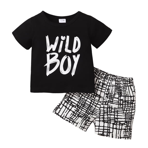 Kucnuzki 12 Months Newborn Baby Boy Spring Summer Outfits Shorts Sets 18 Months Short Sleeve Casauk Letter Pattern T-Shirt Top Elastic Lattice Shorts 2PCS Set Black