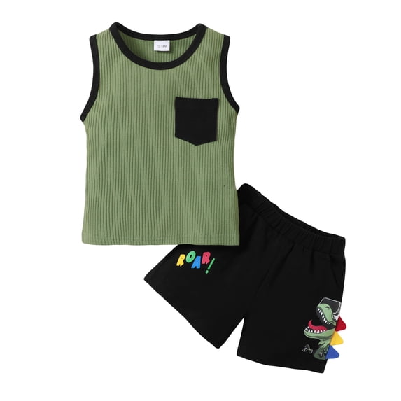 Kucnuzki 12 Months Newborn Baby Boy Spring Summer Outfits Shorts Sets 18 Months Sleeveless Color-Blcoked Rib-Knitte Tank Top Elastic Dino Prints Shorts 2PCS Set Green