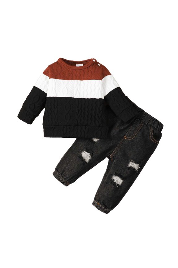 12 Months Newborn Baby Boy Winter Outfits Pants Sets 18 Months Long Sleeve Cool Color-Blocked Sweatshirt Elastic Ripped Denim Pants 2PCS Set Brown