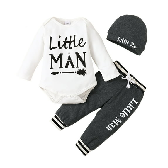 Kucnuzki 12 Months Newborn Baby Boy Winter Outfits Pants Sets 18 Months Long Sleeve Little Man Letter Romper Elastic Pants Hat 3PCS Set White