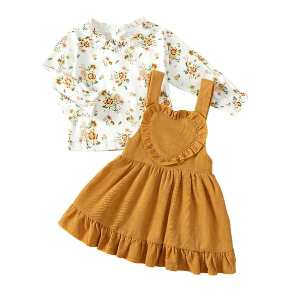 Kucnuzki 12 Months Toddler Girl Fall Winter Outfits Dress Sets 18 Months Long Sleeve Cute Floral Pull-Over Top Lace Trims Overall Dress 2PCS Set Yellow