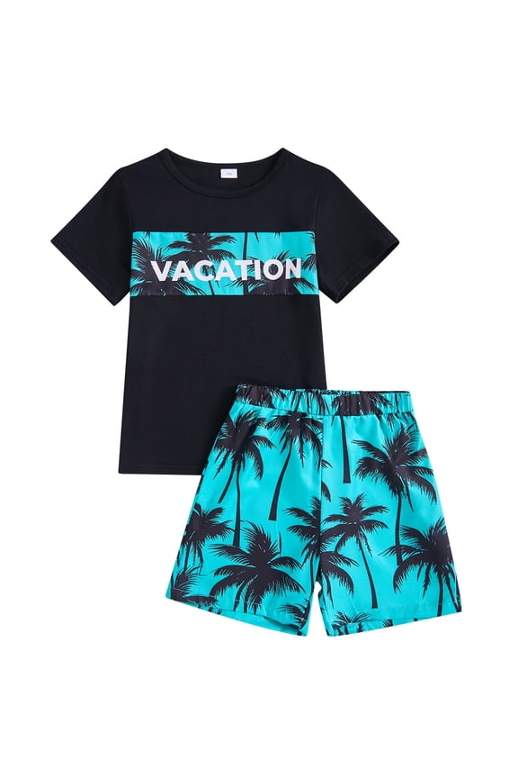 13 Years Big Boys Summer Outfit Sets 14 Years Kids Clothes Short Sleeves T-shirt Letter Print Top Coconut Palm Shorts Set 2pcs Blue 13-14Y