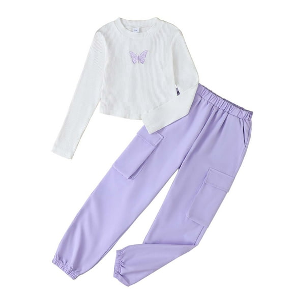 Kucnuzki 13 Years Big Girls Outfit Sets 14 Years Girl Winter Clothes Long Sleeves Knitted Top Butterfly Crop Tops Solid Color Cargo Pants Set 2pcs Youth Teen Clothing Purple