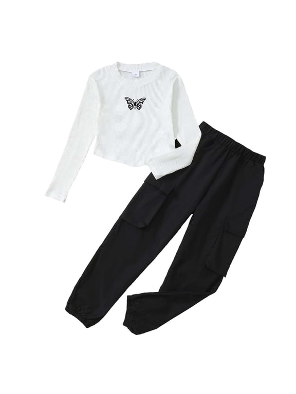 13 Years Big Girls Winter Clothes Set 14 Years Youth Teen Kids Outfits Long Sleeves Knit Top Butterfly Print Crop Top Solid Color Cargo Pants Sets 2pcs Clothing White 13-14Y