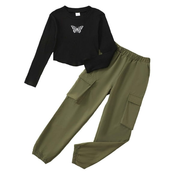 Kucnuzki 13 Years Big Girls Winter Clothes Set 14 Years Youth Teen Kids Outfits Long Sleeves Knit Top Butterfly Print Crop Top Solid Color Cargo Pants Sets 2pcs Clothing Black 13-14Y