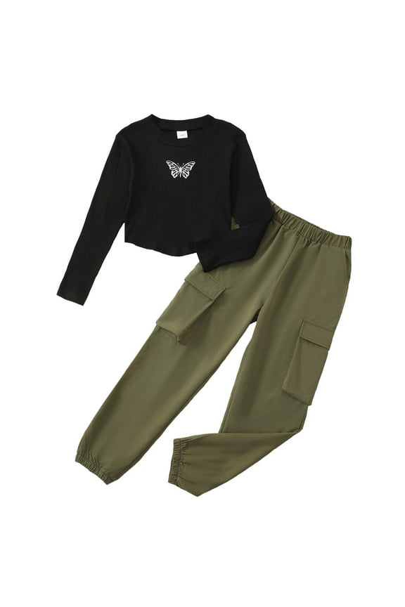 13 Years Big Girls Winter Clothes Set 14 Years Youth Teen Kids Outfits Long Sleeves Knit Top Butterfly Print Crop Top Solid Color Cargo Pants Sets 2pcs Clothing Black 13-14Y
