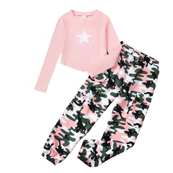 Kucnuzki 13 Years Big Girls Winter Clothes Set 14 Years Youth Teen Kids Outfits Long Sleeves Knit Top Star Print Crop Top Camouflage Cargo Pants Sets 2pcs Clothing Pink 13-14Y
