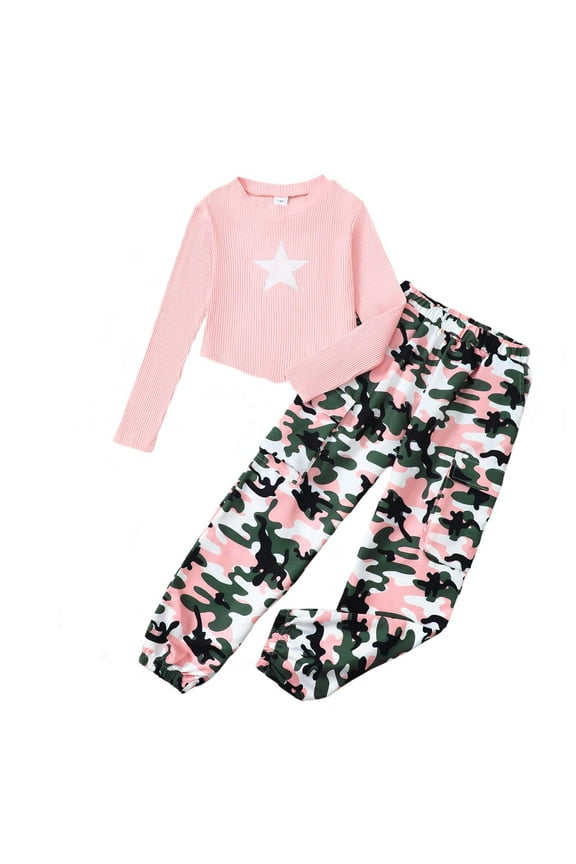 13 Years Big Girls Winter Clothes Set 14 Years Youth Teen Kids Outfits Long Sleeves Knit Top Star Print Crop Top Camouflage Cargo Pants Sets 2pcs Clothing Pink 13-14Y