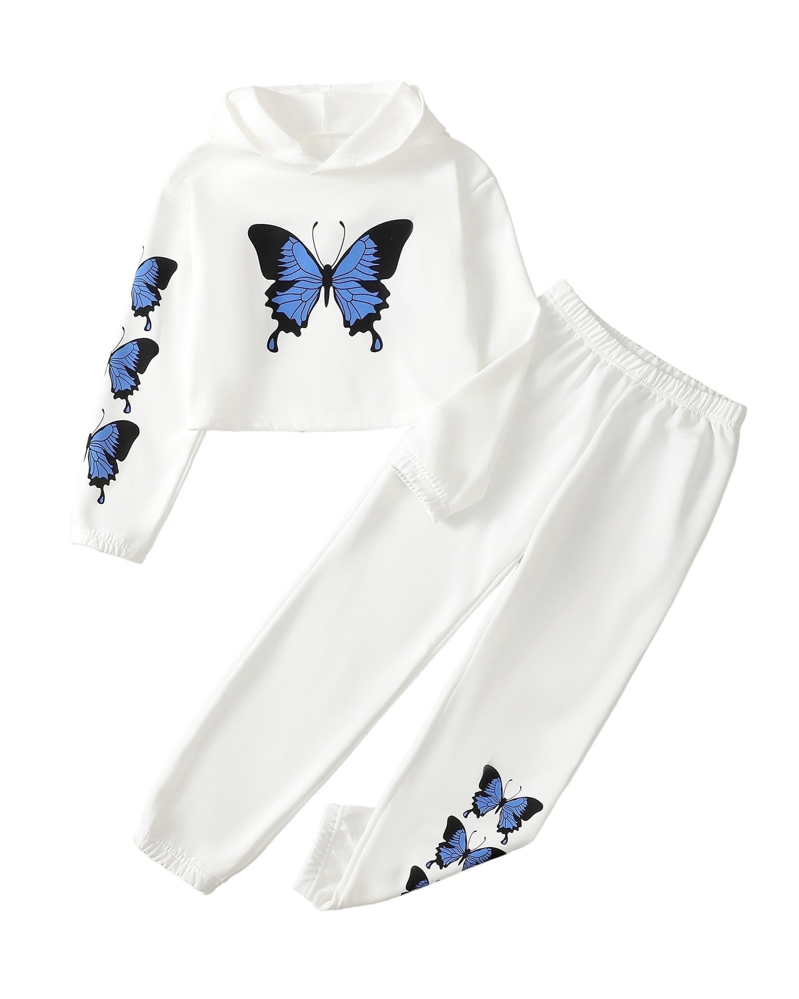 13 Years Big Girls Winter Clothes Sets 14 Years Youth Teen Kids Outfits Long Sleeves Pullover Hooded Butterfly Print Hooded Top + Pants Sets 2pcs Casual Clothing White