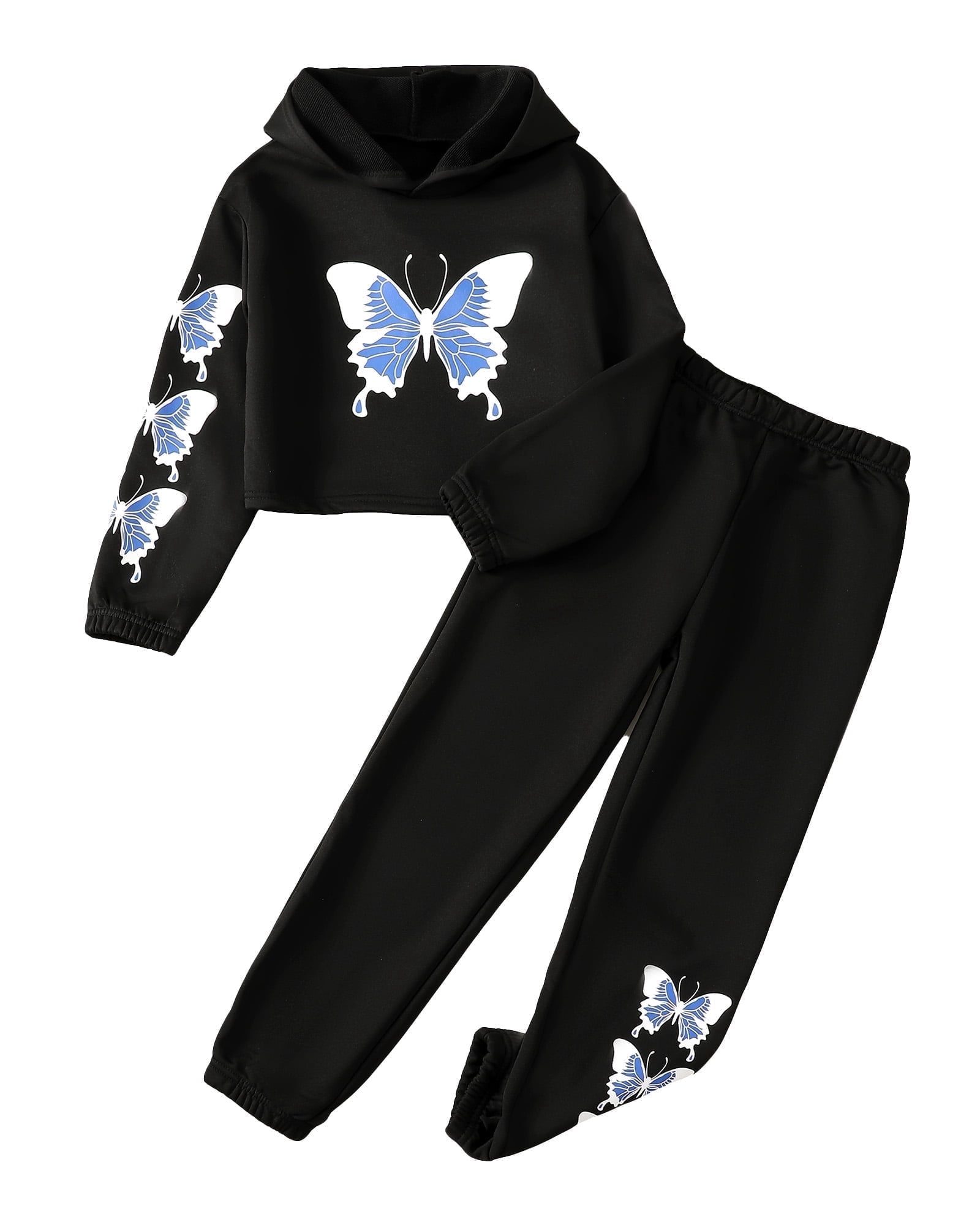 Kucnuzki 13 Years Big Girls Winter Outfits 14 Years Big Girls Warm Clothes Sets Long Sleeves Hoodie Sweatshirt Butterfly Print Hooded Top Sweatpants 2pcs Pant Sets Black